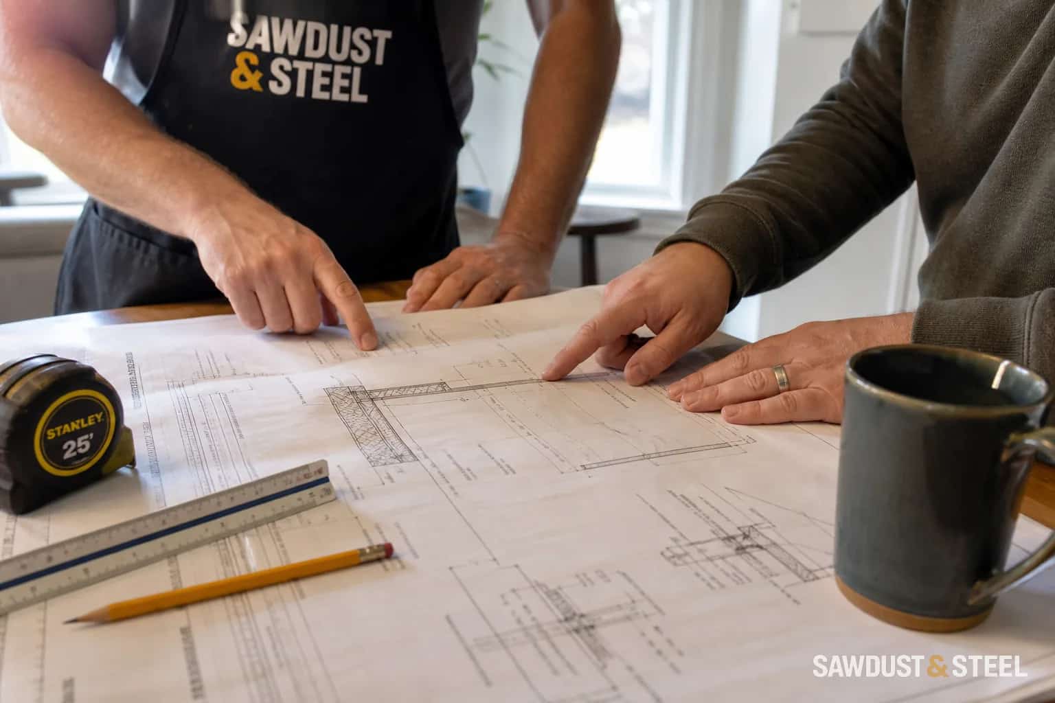 Renovation drawings being reviewed at a work table