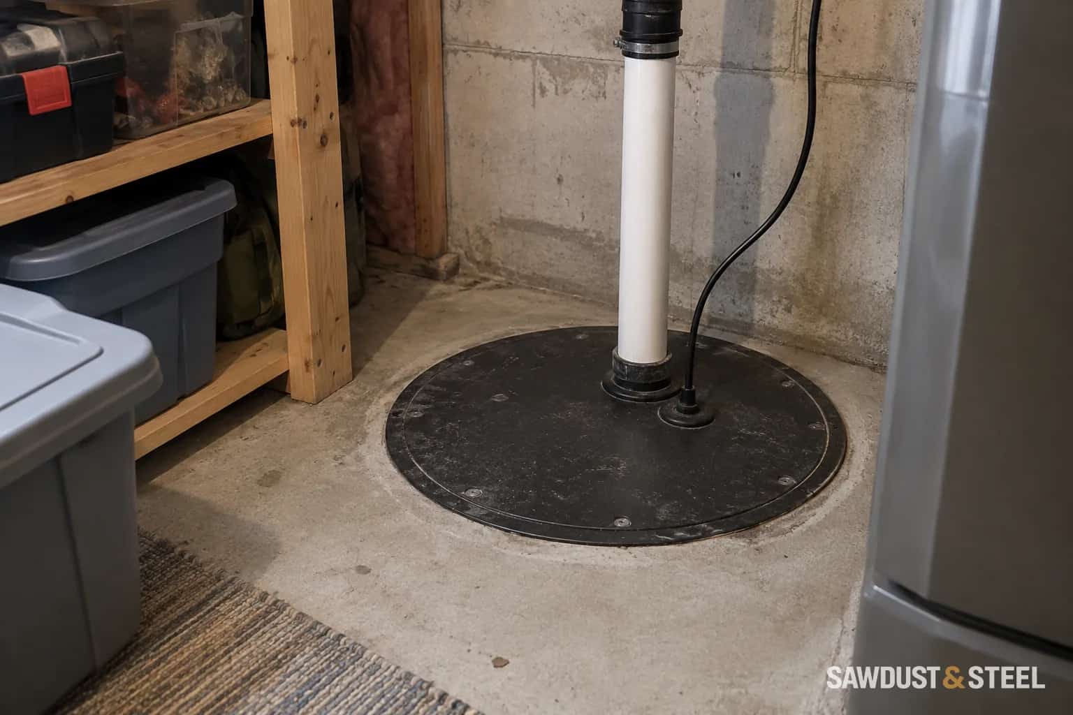 A closed black sump cover with a discharge pipe in a basement utility corner