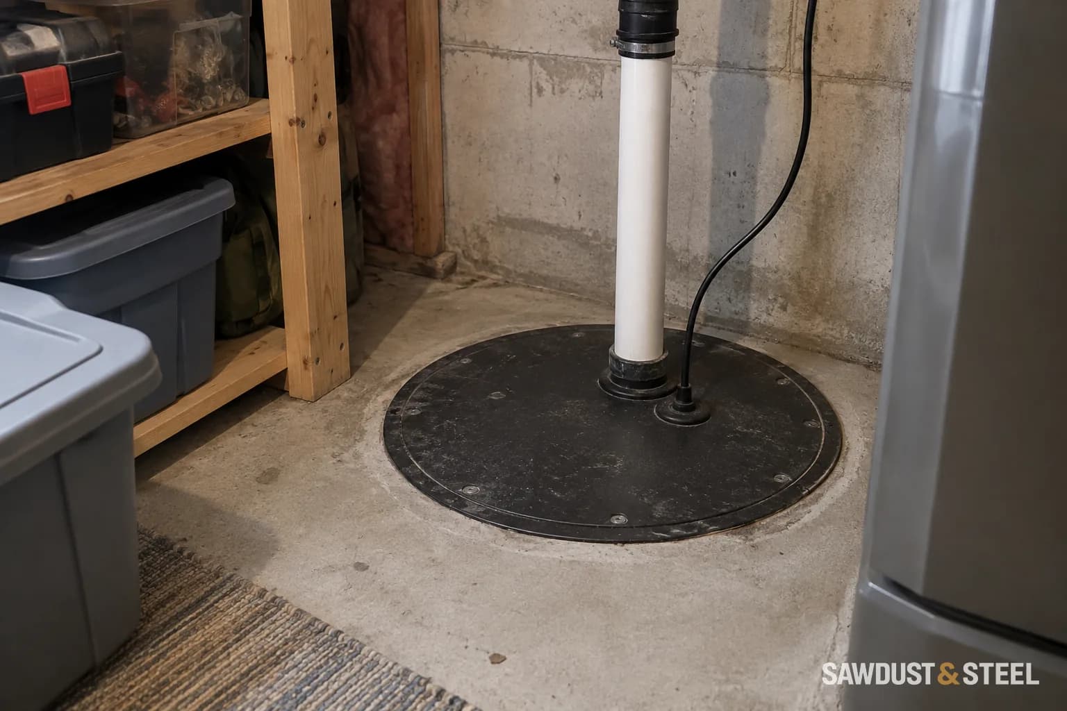 Covered sump basin with a discharge pipe in a basement utility area.