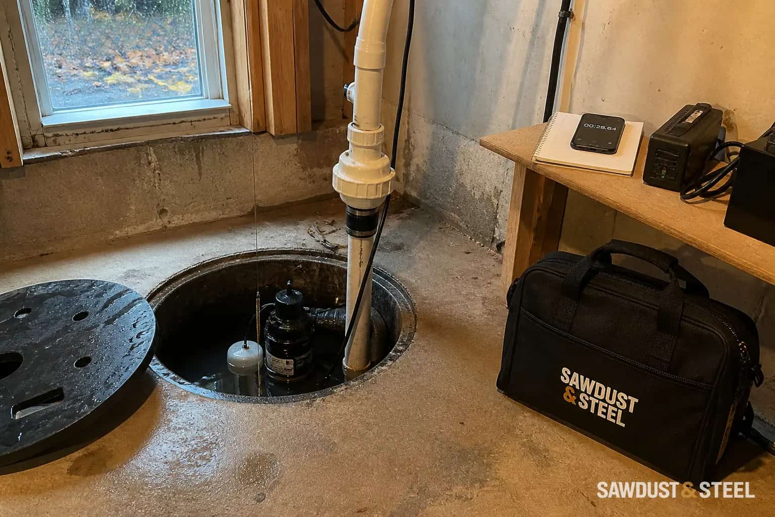 Editorial view of an open sump pit and discharge piping in an ordinary unfinished basement