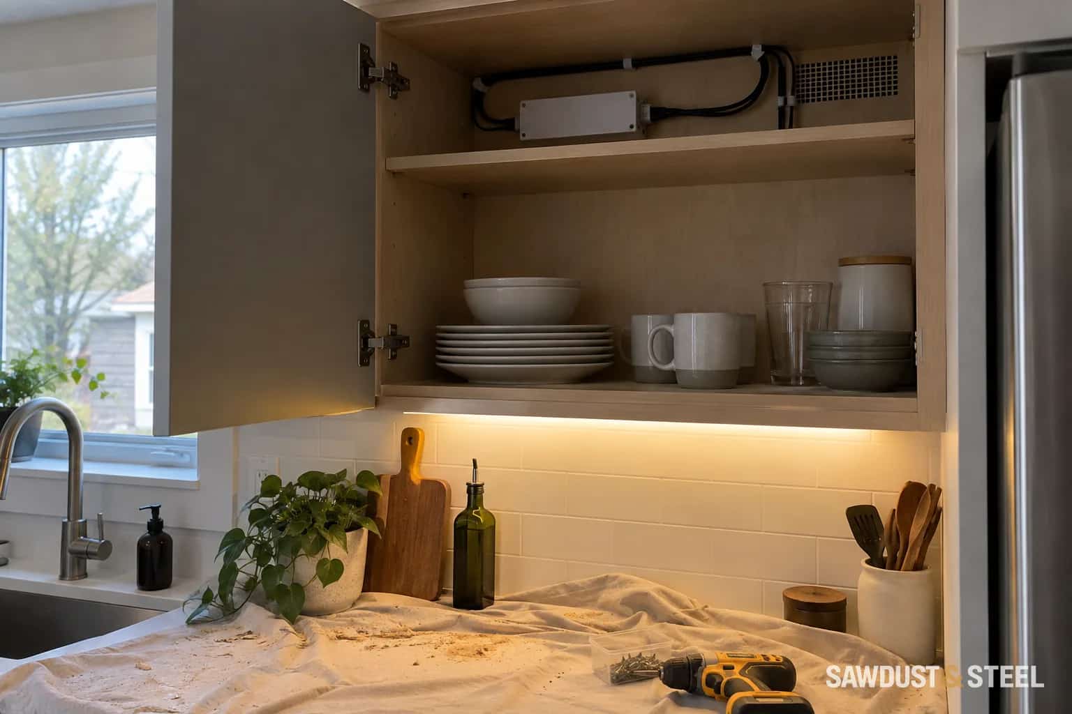 An accessible lighting power supply inside an upper kitchen cabinet with under-cabinet lights below