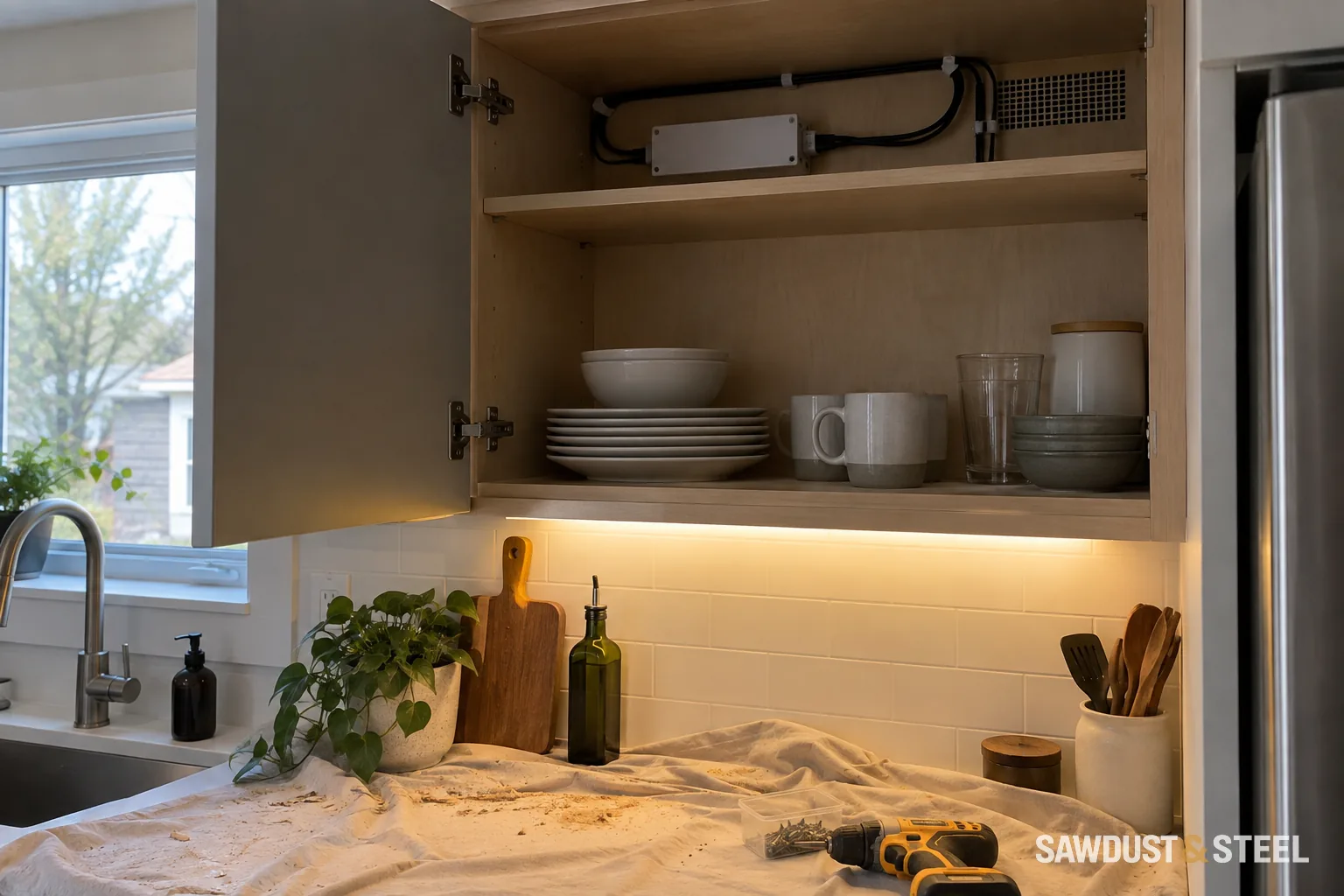 Under-cabinet lighting with its driver visible inside an open upper cabinet.