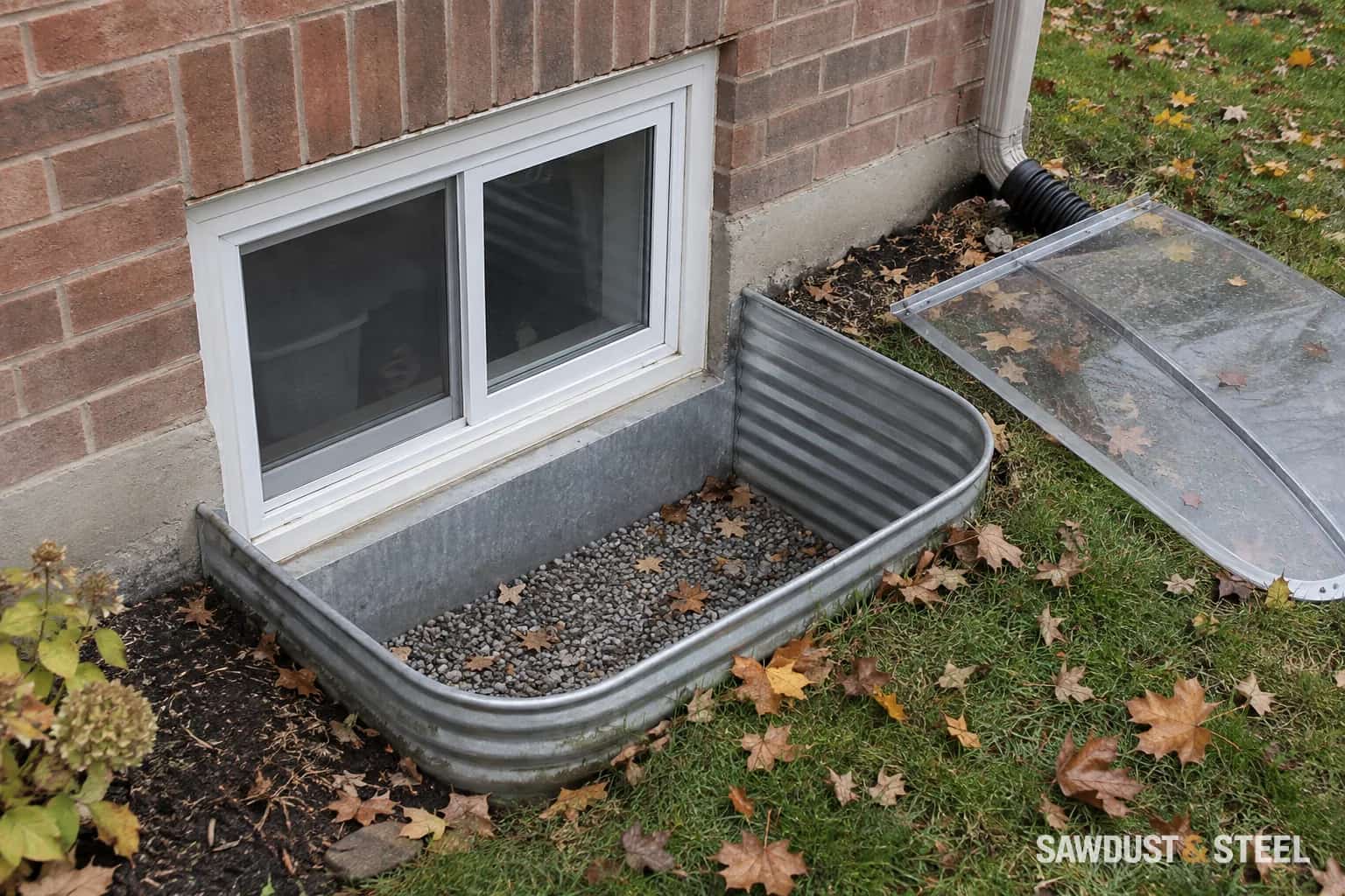 A basement window well with its clear cover resting on the grass beside it