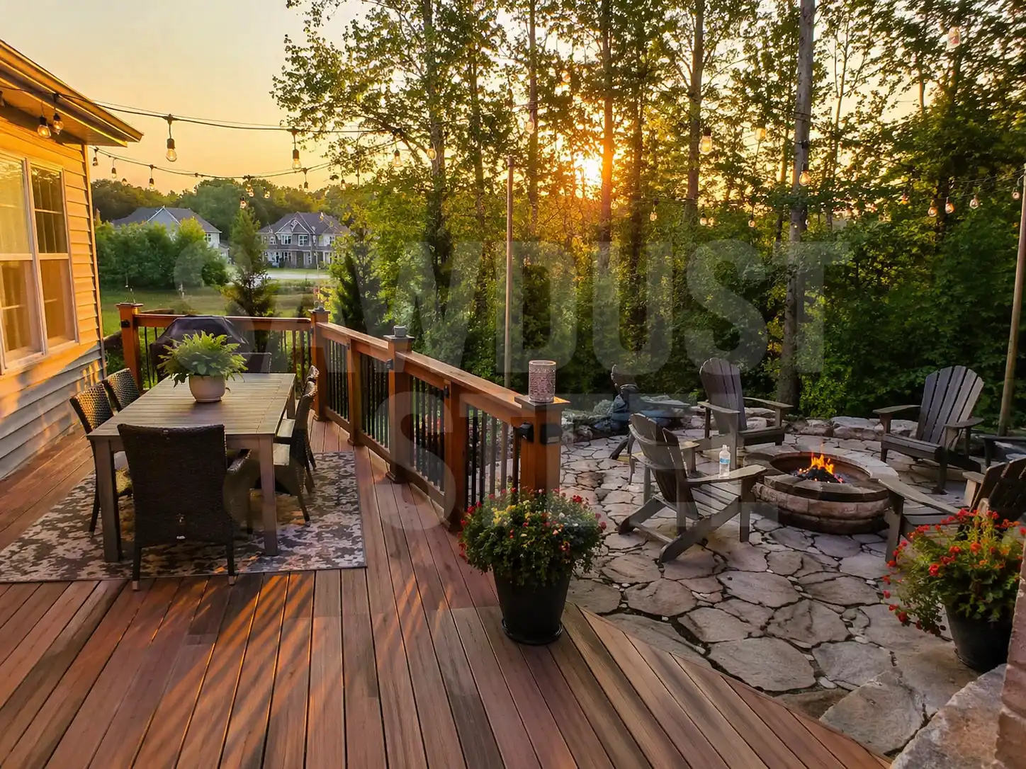 Sunset cedar deck with stone patio and firepit