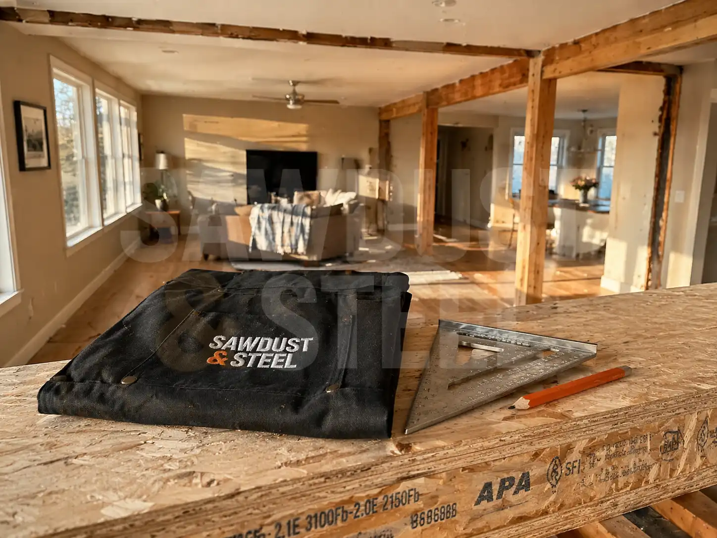 Open interior with a beam and post replacing a former wall