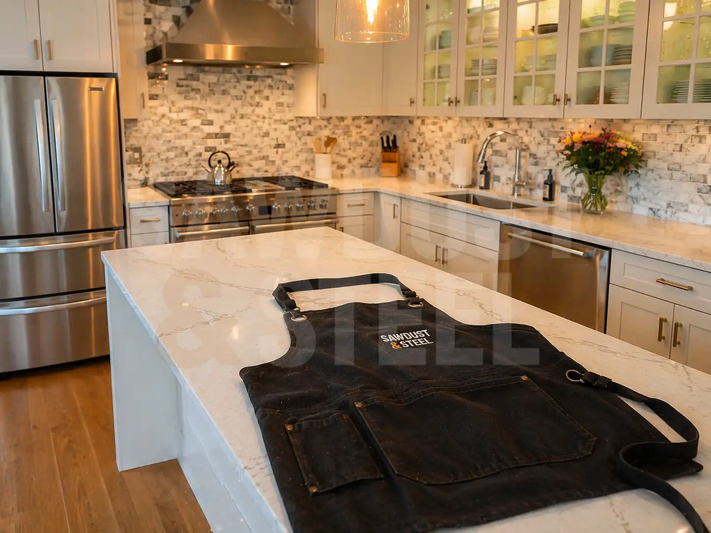 Kitchen with a marble island, mosaic backsplash, and apron sink
