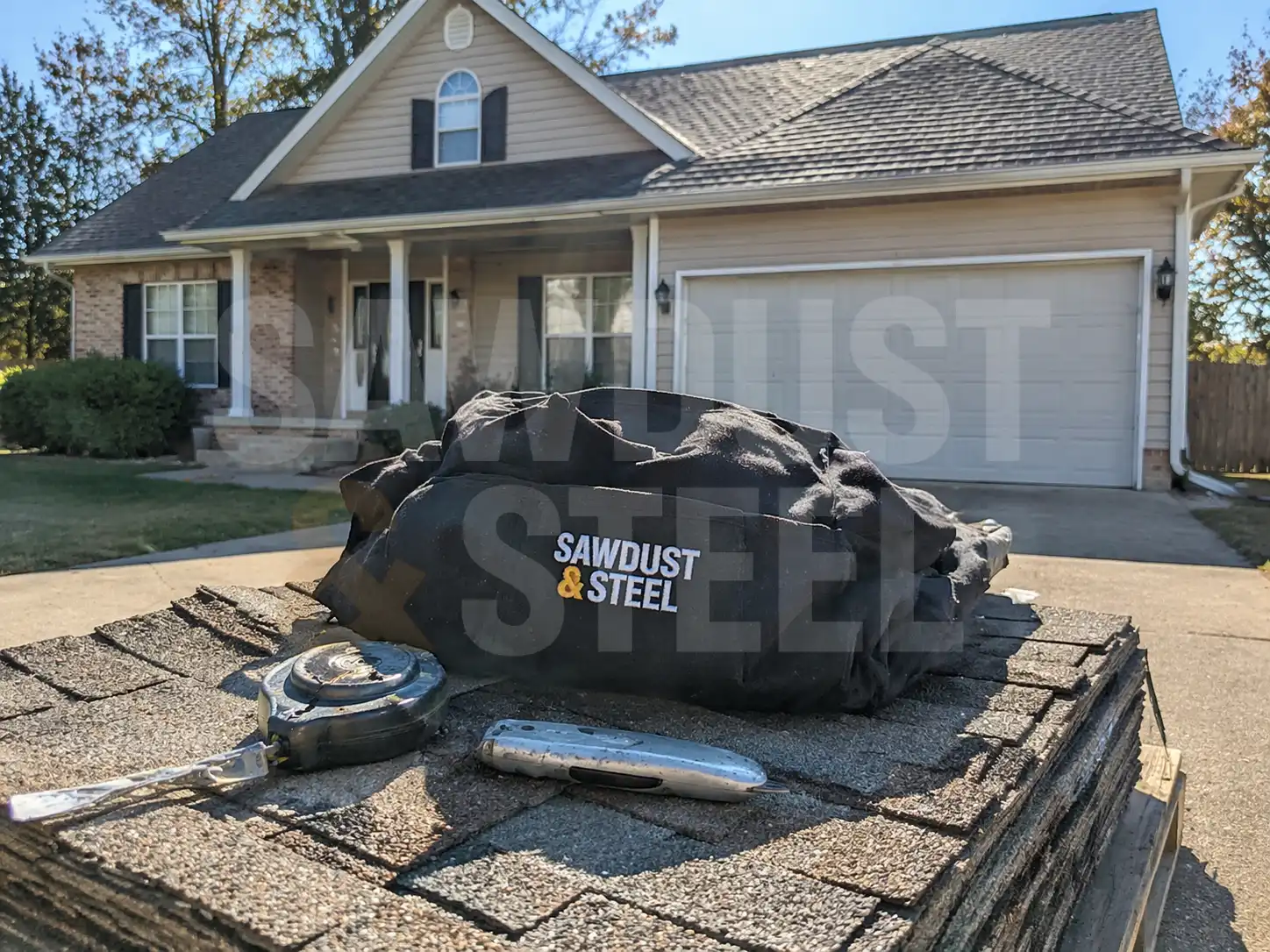 Shingle samples and a tool bag on a driveway during a roofing consultation