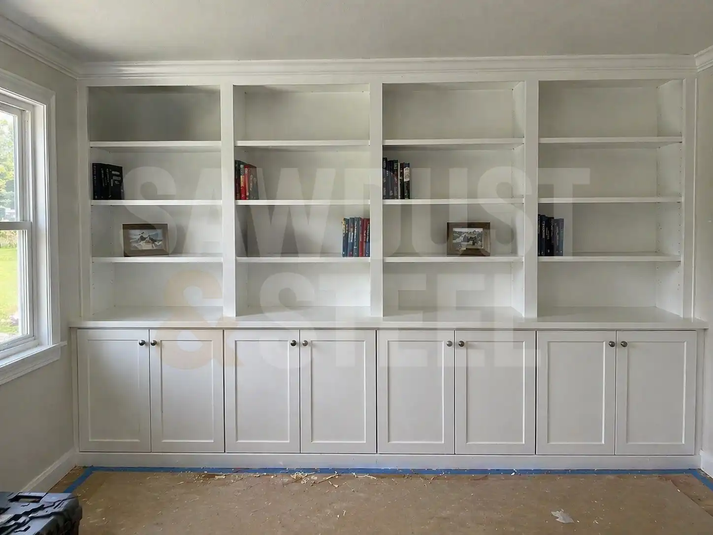 Custom built-in shelves and cabinets in a living room
